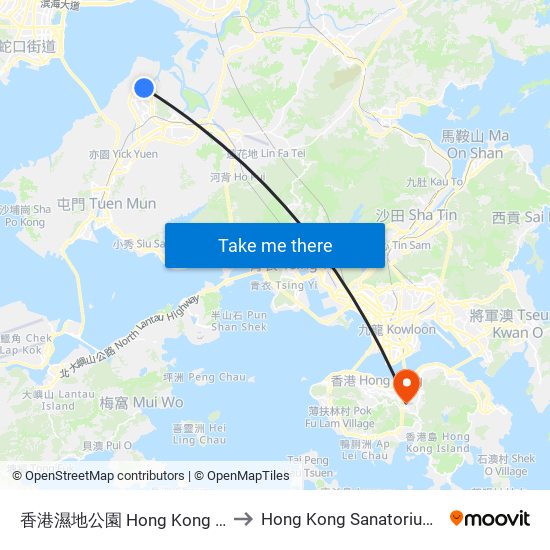 香港濕地公園 Hong Kong Wetland Park to Hong Kong Sanatorium & Hospital map