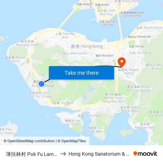 薄扶林村 Pok Fu Lam Village to Hong Kong Sanatorium & Hospital map