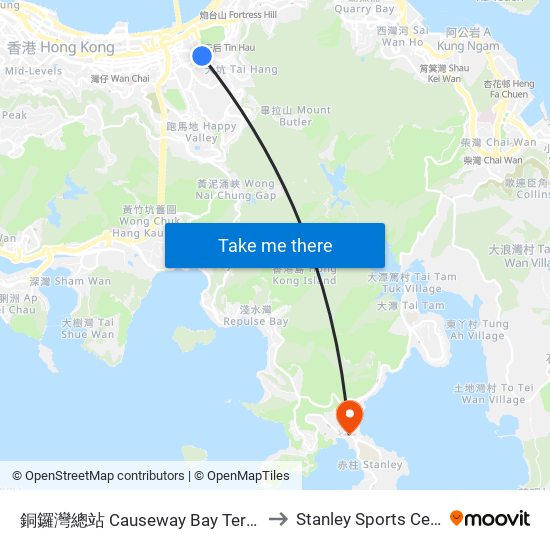 銅鑼灣總站 Causeway Bay Terminus to Stanley Sports Centre map