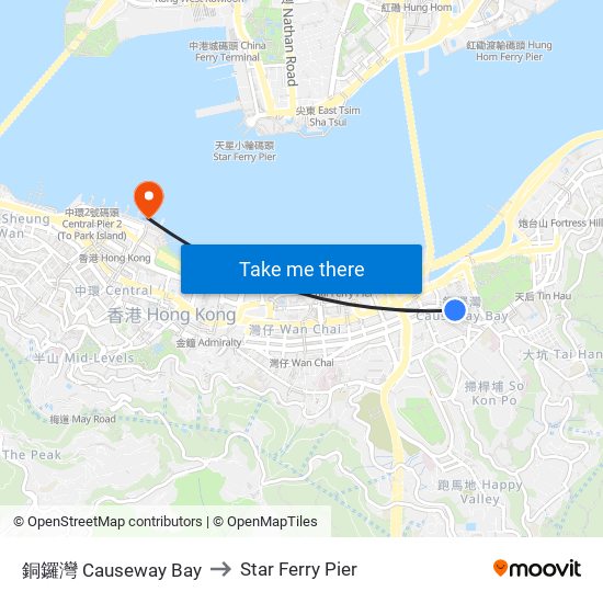銅鑼灣 Causeway Bay to Star Ferry Pier map