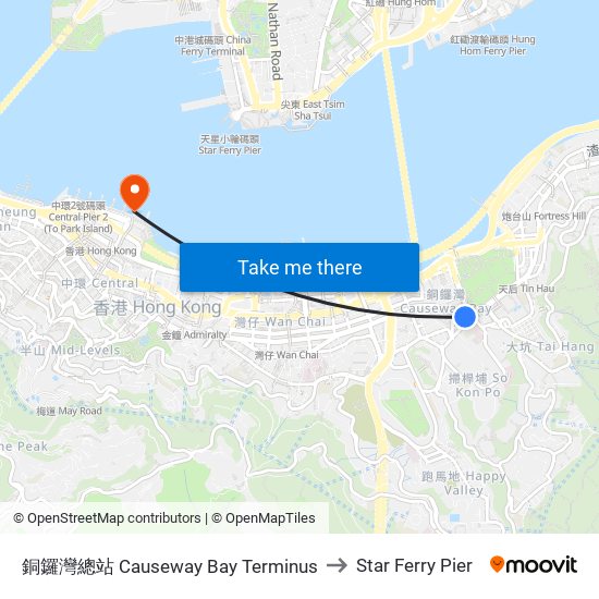 銅鑼灣總站 Causeway Bay Terminus to Star Ferry Pier map