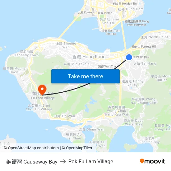Causeway Bay to Pok Fu Lam Village map