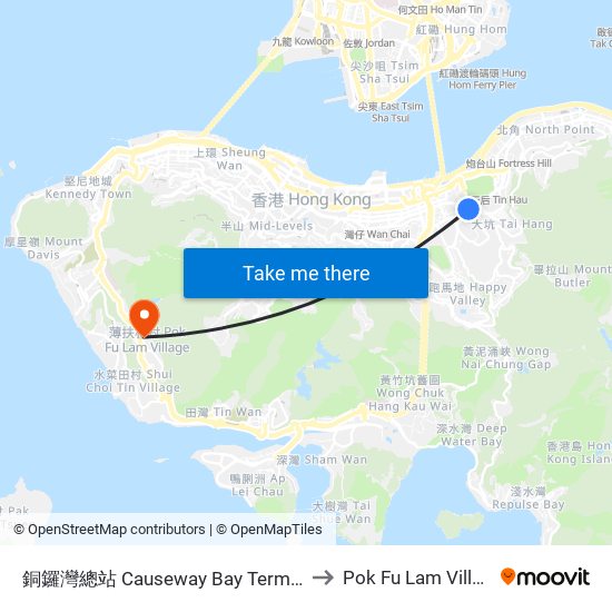 銅鑼灣總站 Causeway Bay Terminus to Pok Fu Lam Village map
