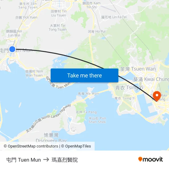 屯門 Tuen Mun to 瑪嘉烈醫院 map