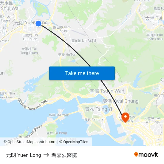 元朗 Yuen Long to 瑪嘉烈醫院 map