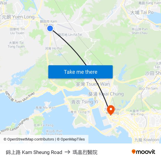 錦上路 Kam Sheung Road to 瑪嘉烈醫院 map