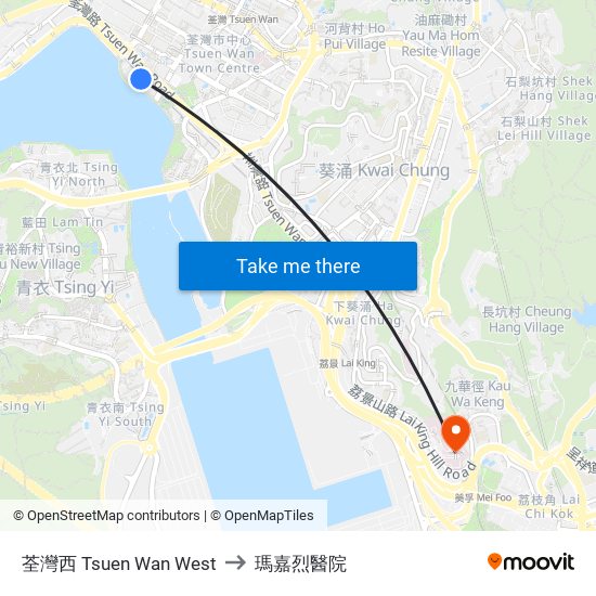 荃灣西 Tsuen Wan West to 瑪嘉烈醫院 map