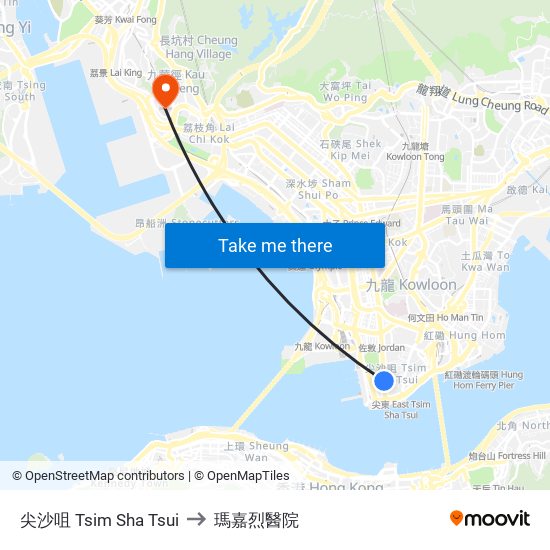 尖沙咀 Tsim Sha Tsui to 瑪嘉烈醫院 map