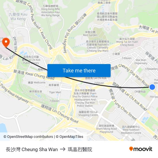 長沙灣 Cheung Sha Wan to 瑪嘉烈醫院 map