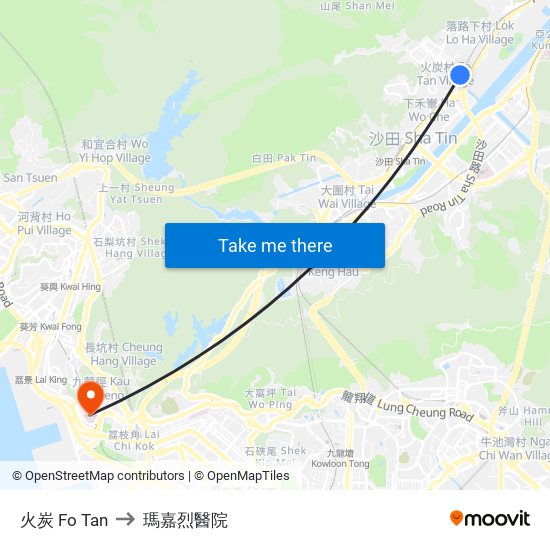 火炭 Fo Tan to 瑪嘉烈醫院 map