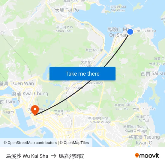 烏溪沙 Wu Kai Sha to 瑪嘉烈醫院 map