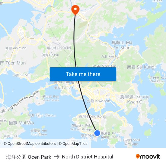 海洋公園 Ocen Park to North District Hospital map