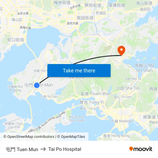 屯門 Tuen Mun to Tai Po Hospital map