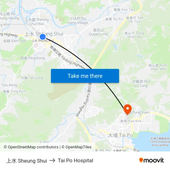 上水 Sheung Shui to Tai Po Hospital map