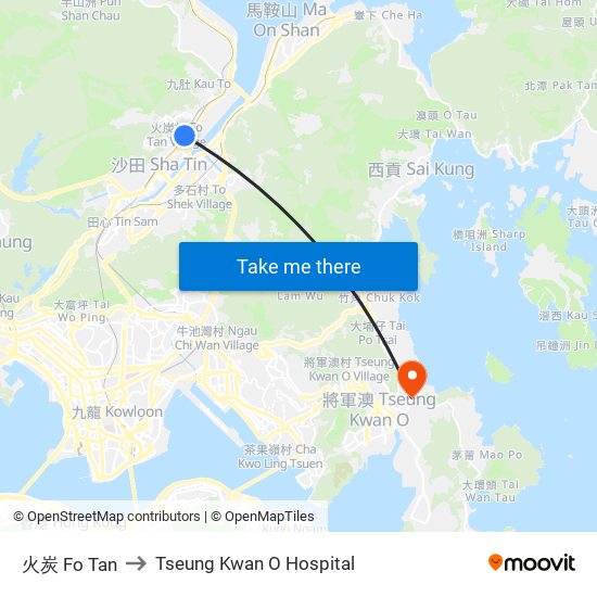 火炭 Fo Tan to Tseung Kwan O Hospital map