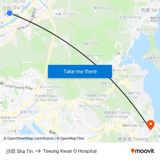 沙田 Sha Tin to Tseung Kwan O Hospital map