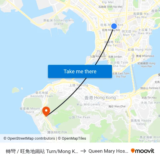 轉彎 / 旺角地鐵站 Turn/Mong Kok Mtr to Queen Mary Hospital map