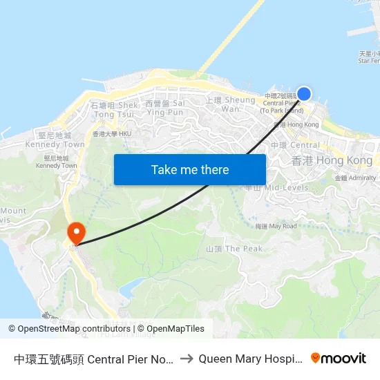 中環五號碼頭 Central Pier No. 5 to Queen Mary Hospital map