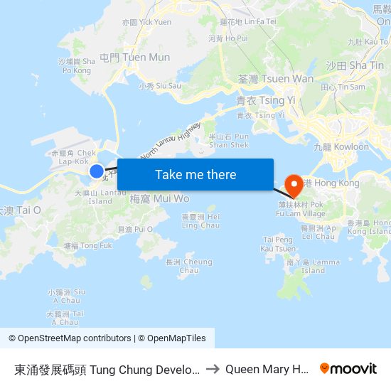 東涌發展碼頭 Tung Chung Development Pier to Queen Mary Hospital map