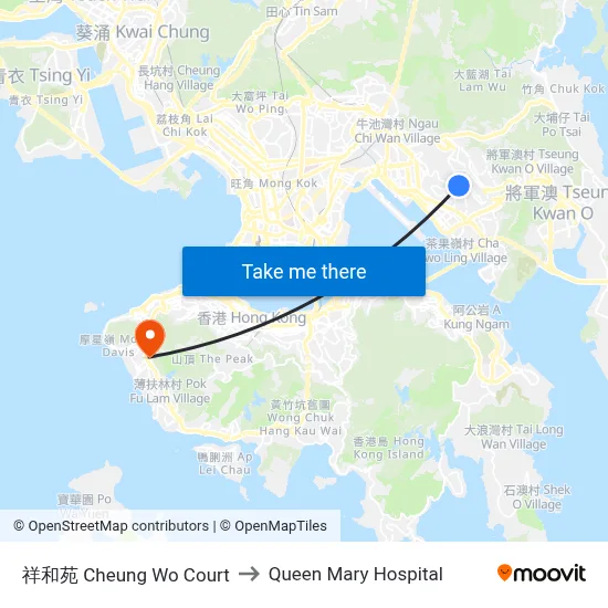 Cheung Wo Court to Queen Mary Hospital map