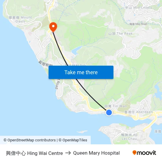 Hing Wai Centre to Queen Mary Hospital map