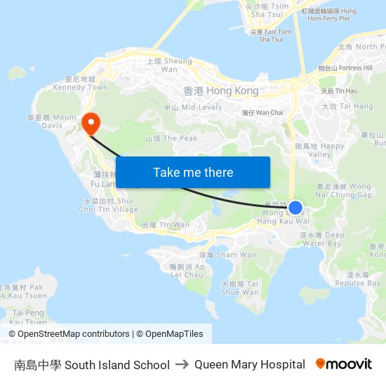 南島中學 South Island School to Queen Mary Hospital map