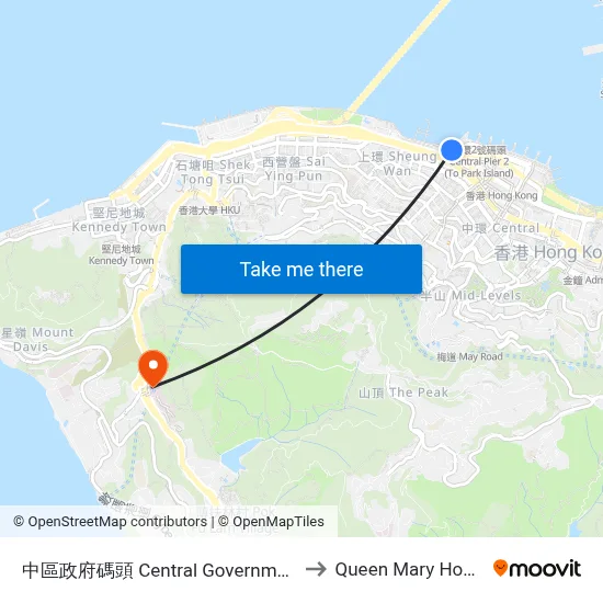 Central Government Pier to Queen Mary Hospital map