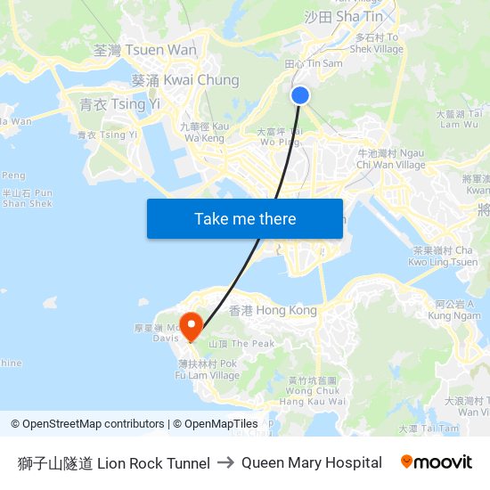 獅子山隧道 Lion Rock Tunnel to Queen Mary Hospital map