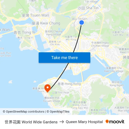 World Wide Gardens to Queen Mary Hospital map