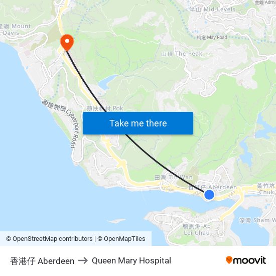 香港仔 Aberdeen to Queen Mary Hospital map