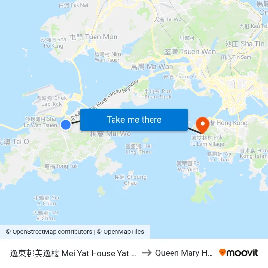Mei Yat House Yat Tung Estate to Queen Mary Hospital map
