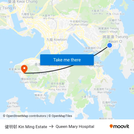 健明邨 Kin Ming Estate to Queen Mary Hospital map