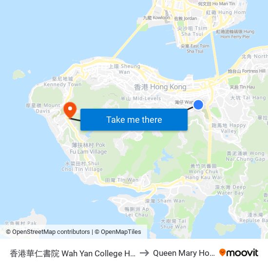 香港華仁書院 Wah Yan College Hong Kong to Queen Mary Hospital map