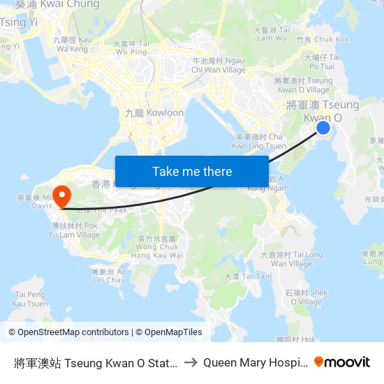將軍澳站 Tseung Kwan O Station to Queen Mary Hospital map