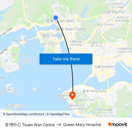 荃灣中心 Tsuen Wan Centre to Queen Mary Hospital map