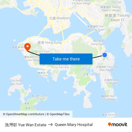 漁灣邨 Yue Wan Estate to Queen Mary Hospital map