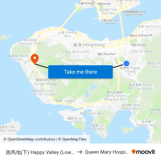 Happy Valley (Lower) to Queen Mary Hospital map