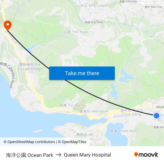 海洋公園 Ocean Park to Queen Mary Hospital map