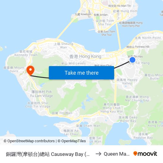 銅鑼灣(摩頓台)總站 Causeway Bay (Moreton Terrace) Bus Terminus to Queen Mary Hospital map