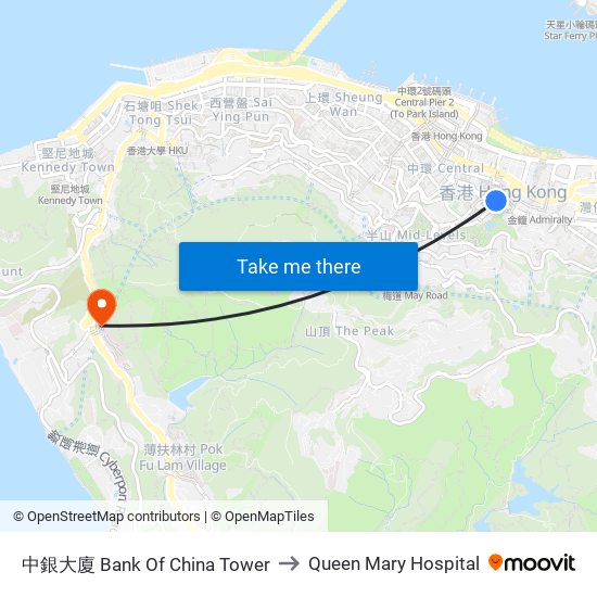 中銀大廈 Bank Of China Tower to Queen Mary Hospital map