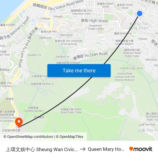 上環文娛中心 Sheung Wan Civic Centre to Queen Mary Hospital map