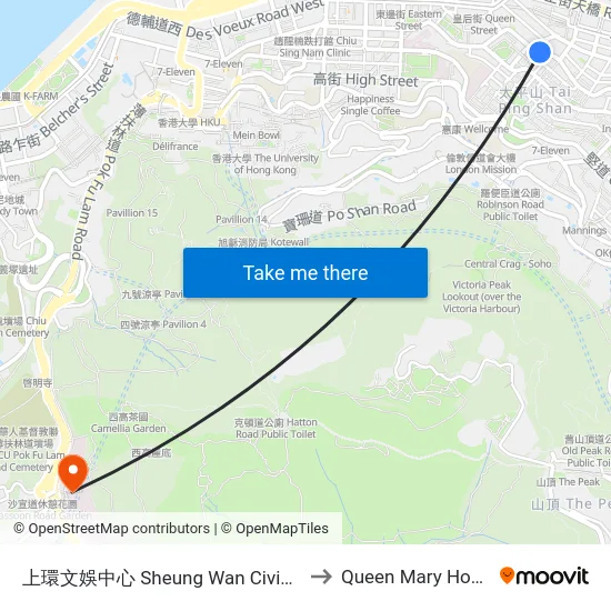 上環文娛中心 Sheung Wan Civic Centre to Queen Mary Hospital map