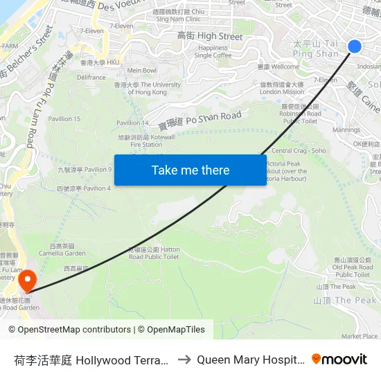 荷李活華庭 Hollywood Terrace to Queen Mary Hospital map