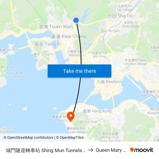 城門隧道轉車站 Shing Mun Tunnels Bus Interchange to Queen Mary Hospital map
