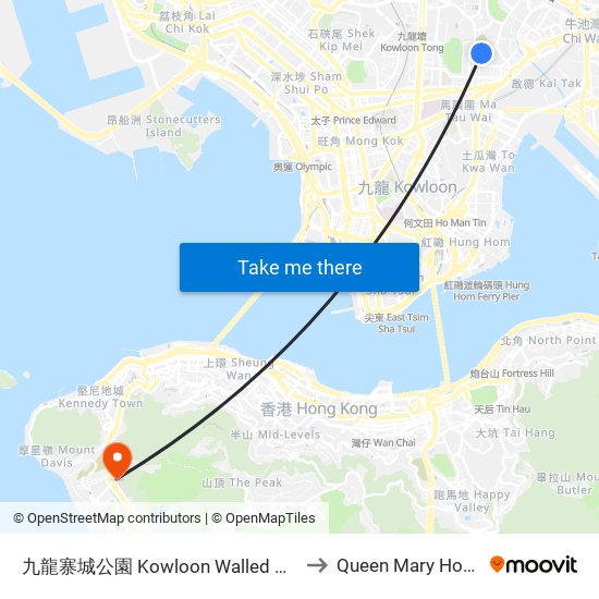 九龍寨城公園 Kowloon Walled City Park to Queen Mary Hospital map