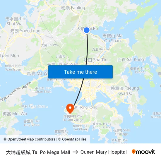 Tai Po Mega Mall to Queen Mary Hospital map