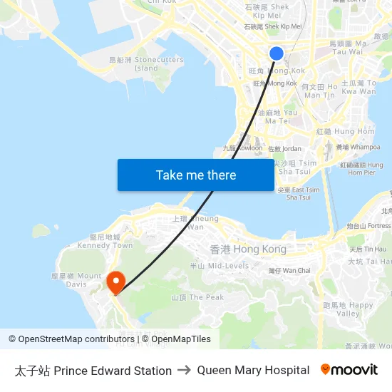 Prince Edward Station to Queen Mary Hospital map