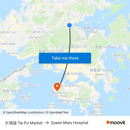 大埔墟 Tai Po Market to Queen Mary Hospital map