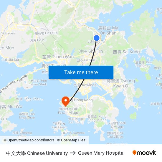中文大學 Chinese University to Queen Mary Hospital map