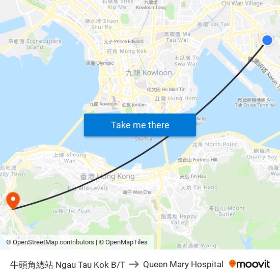 牛頭角總站 Ngau Tau Kok B/T to Queen Mary Hospital map